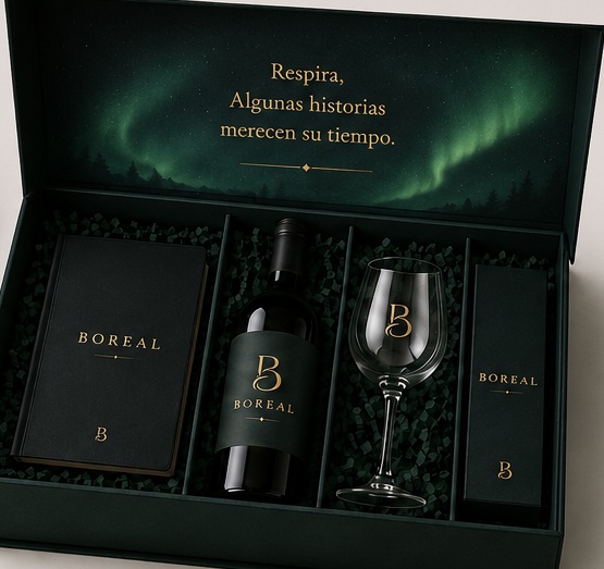 Kit Boreal: libro, vino, copa y separador de libros en caja de regalo